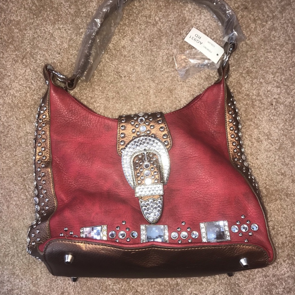 Red and Brown Purse with Rhinestones and Buckle